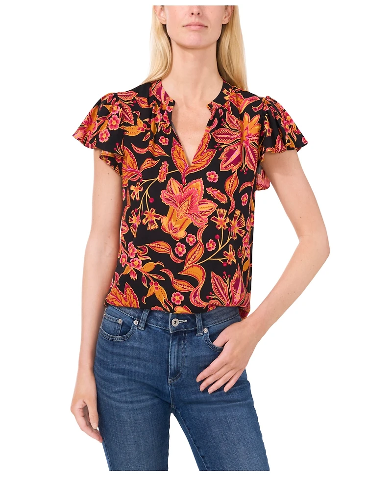 CeCe Women's Flutter Sleeve V-Neck Blouse