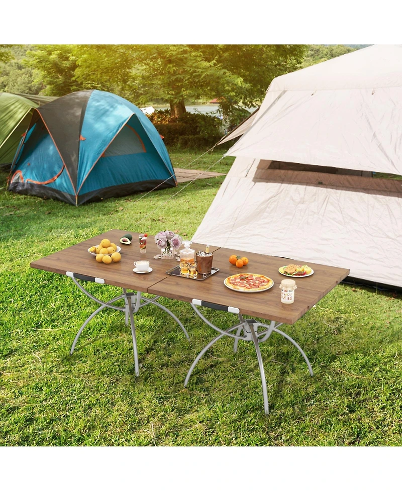 2 Pack Folding Camping Table with Wood-grain Tabletop for Hiking Party-Natural
