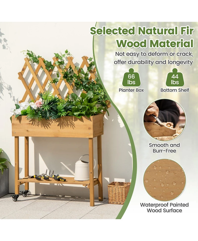 Skonyon Wooden Rolling Raised Garden Bed with Trellis and Storage Shelf
