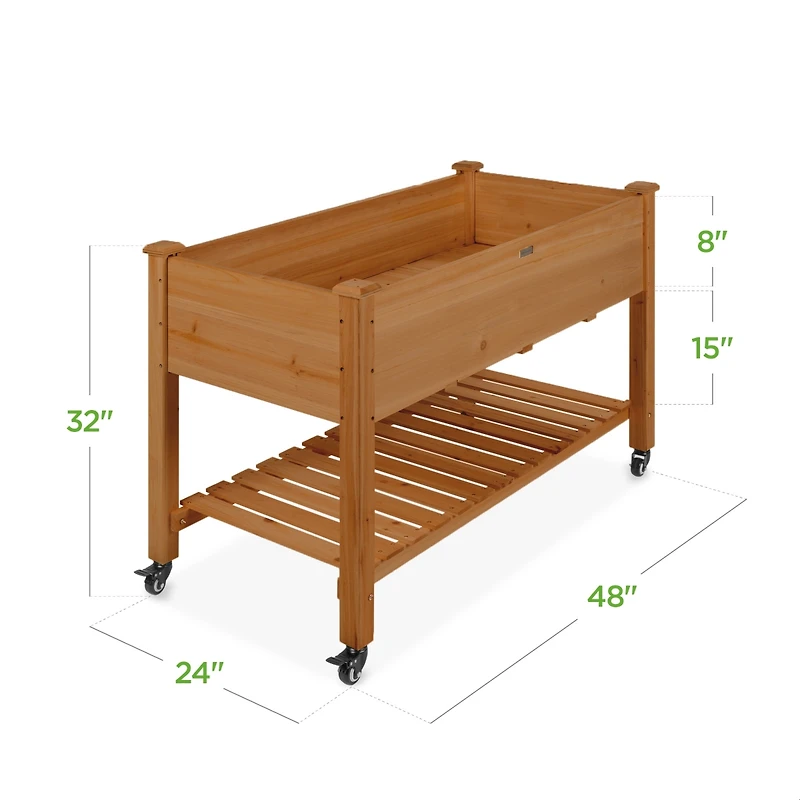 Best Choice Products Raised Garden Bed 48x23x32in Wood Mobile Elevated Planter w/ Wheel Locks, Shelf, Liner