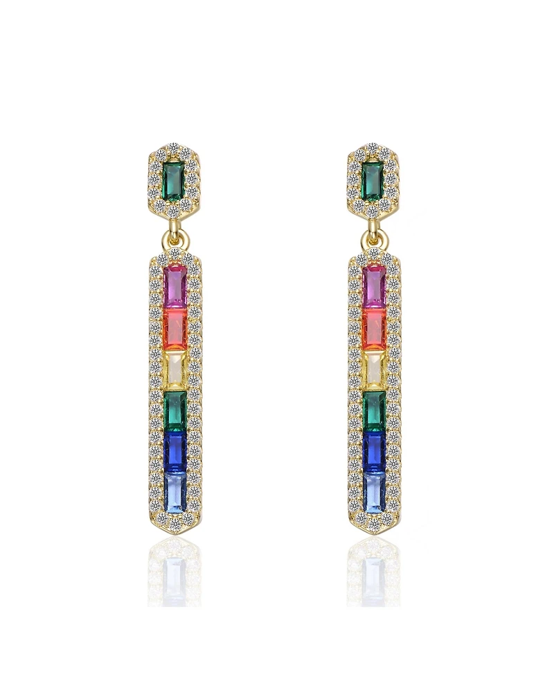 Sterling Silver 14K Gold Plated Multi-Colored Cubic Zirconia Linear Dangle Earrings