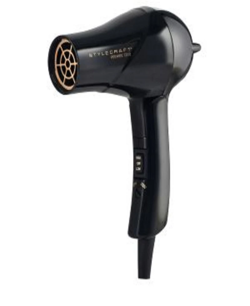 StyleCraft Professional Peewee 1200 Folding Handle Dual Voltage Compact Travel Hair Dryer with Nozzle, Diffuser, and Travel Bag