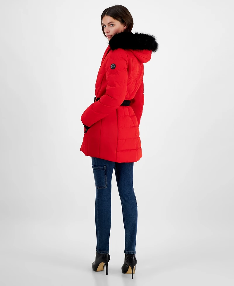 Michael Michael Kors Women's Belted Bibbed Hooded Puffer Coat
