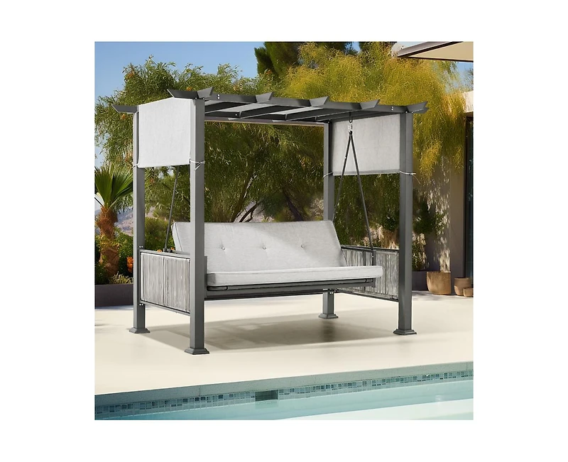 Pamapic 3-Person Gray Metal Patio Swing with Cushion