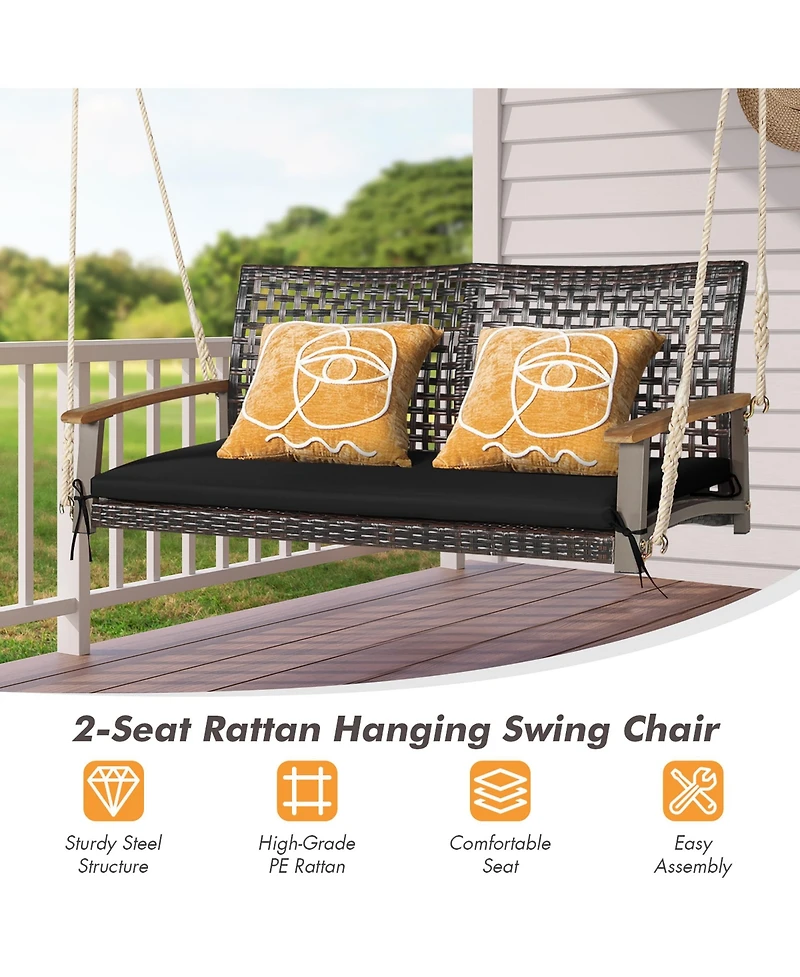 2-Person Patio Rattan Hanging Swing Chair Porch Loveseat Cushion Off White