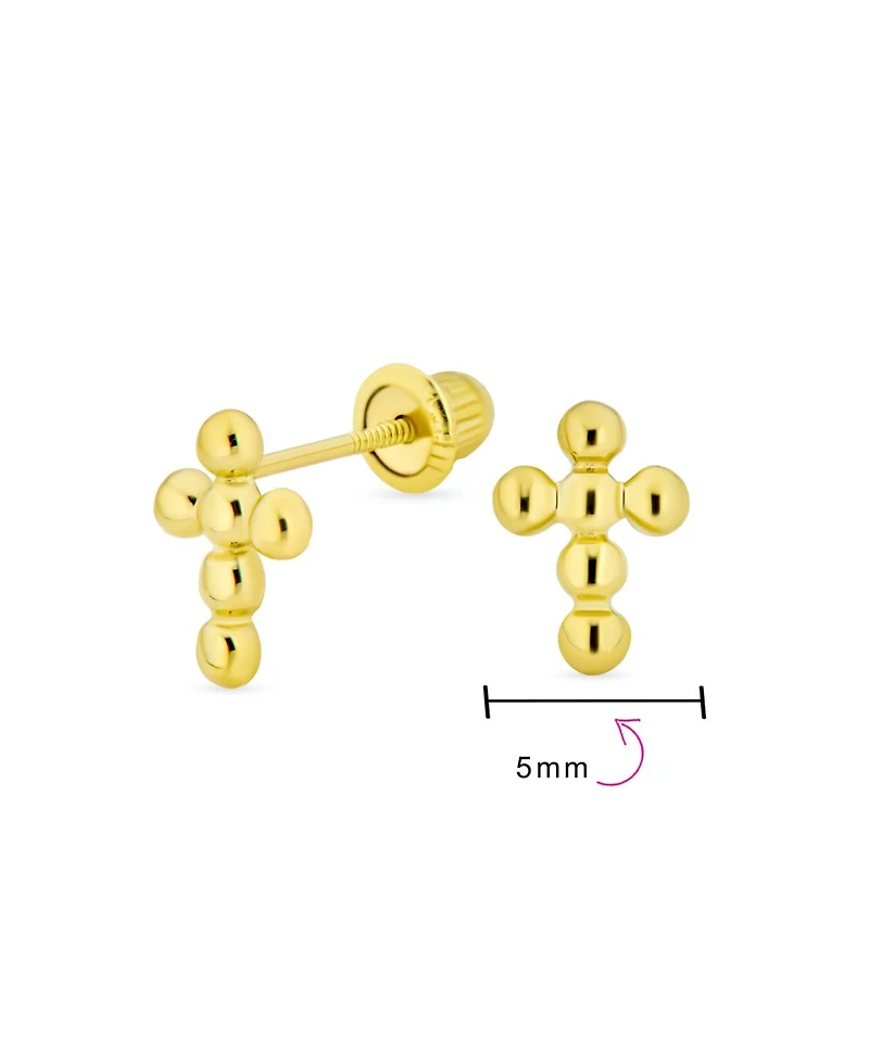 Bling Jewelry Tiny Minimalist Religious Christian Mini Ball Bubble Cross Stud Earrings 14K Yellow Gold Safety Screw back