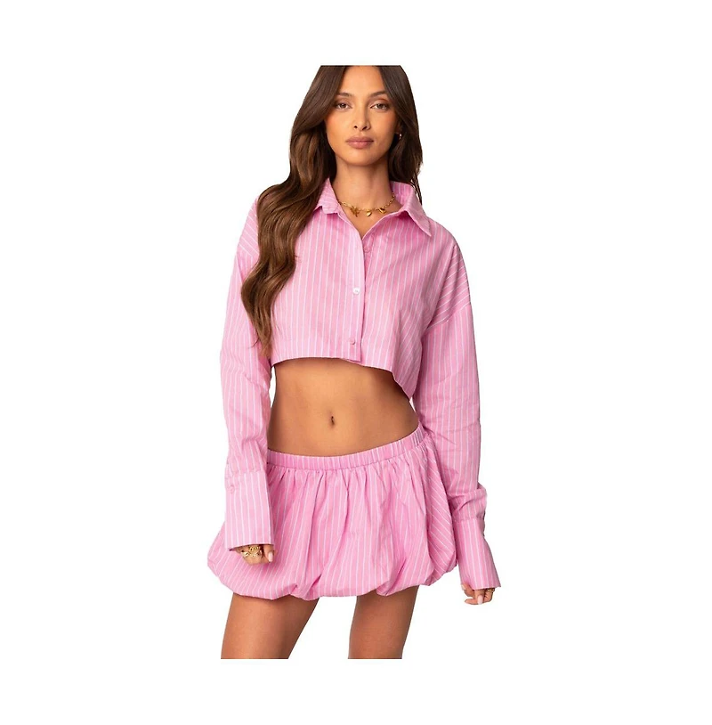 Edikted Womens Hila Pinstripe Cropped Button Up Shirt