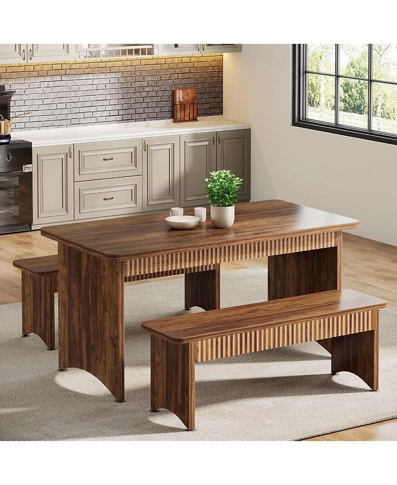 Tribesigns 3-Piece Dining Table Set, 55" Dining Room Table with 2 Benches for 4-6 People, Farmhouse Rectangular Dining Room Table Set