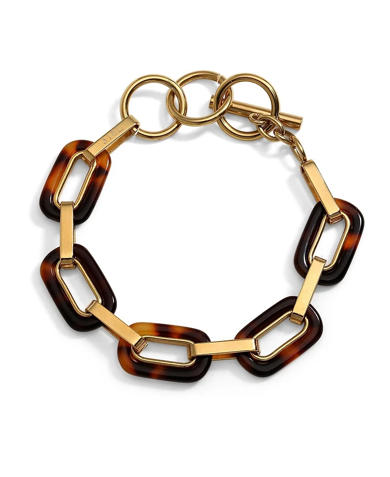 Bling Jewelry Fashion Statement Brown Golden Acrylic Marbled Leopard Tortoise Shell Oval Chain Link Bracelet Yellow Gold Plated Stainless Steel Adjust