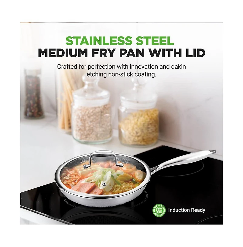 NutriChef 10'' Stir Fry Pan with Glass Lid - Triply Stainless Steel Cookware, Dakin Etching Non-Stick Coating Inside and Outside