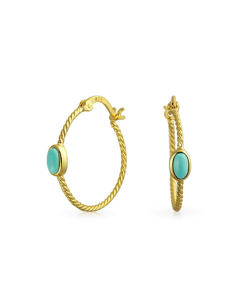Bling Jewelry Twisted Cable Hoop Huggie Earrings Stabilized Turquoise Gold Plated Sterling Silver