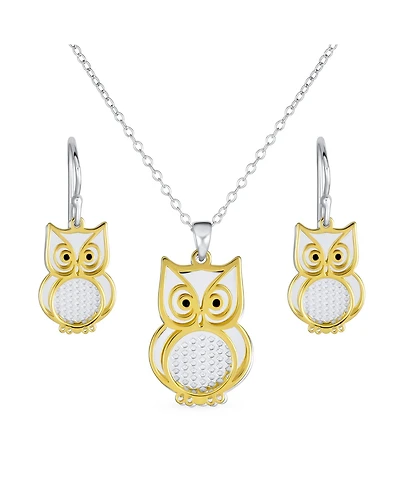 Bling Jewelry Two Tone Bird Animal Wise Graduate Dangling Owl Pendant Necklace Dangle Earrings Jewelry Set Yellow 14k Gold Plated .925 Sterling Silver
