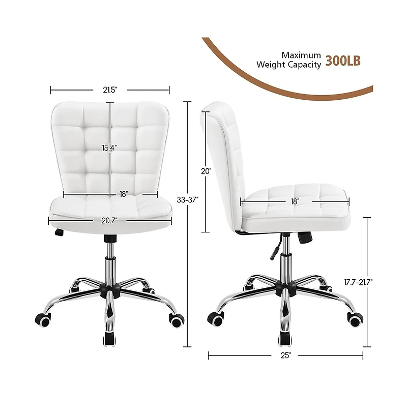 Yaheetech Modern Tufted Armless Desk Chair with Chrome-finish Metal Base, Rolling Wheels, Adjustable Seat Heigh