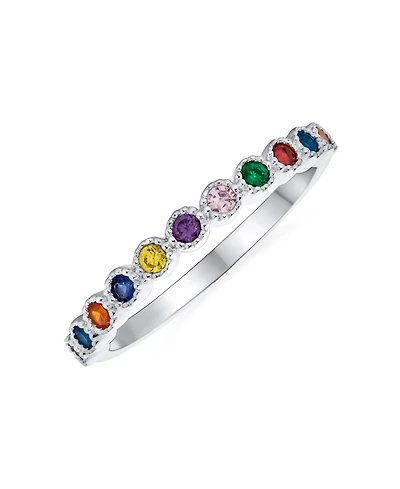 Bling Jewelry Cubic Zirconia Lgbtq Colorful Rainbow Tiny Round Multi Color Cz Half Eternity Ring Thin Band For Women .925 Sterling Silver 1MM Stackabl