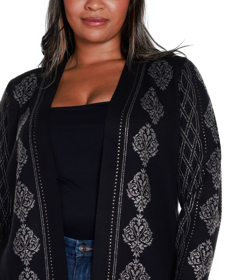 Belldini Black Label Plus Lurex Jacquard Open-Front Cardigan Sweater