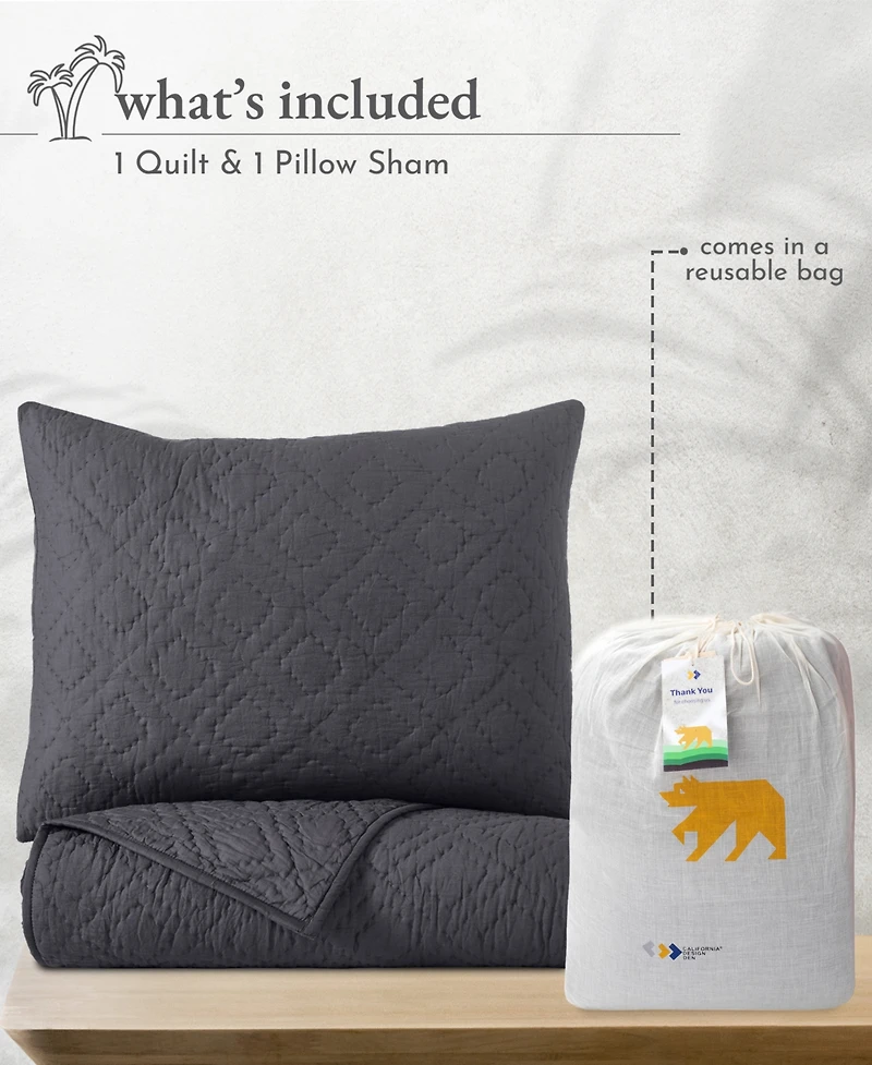 Hand-Quilted 100% Cotton Quilt Set, Pre-Softened, 3 Piece Quilt & Sham Set by California Design Den