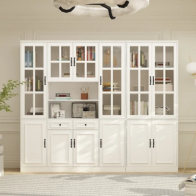 White Wooden Bookcase, Sideboard with 19-Tier Shelves and 2 Drawers