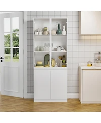 Famapy White Wood Accent Storage Cabinet With Tempered Glass Doors