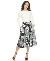 White Mark Women's Leaf Print Vintage Flared Midi Skirt