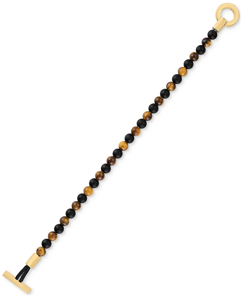 Esquire Men's Jewelry Onyx & Tiger Eye Bead Toggle Bracelet in Gold-Tone Ion-Plated Stainless Steel, Created for Macy's (Also available in Onyx & Lapi