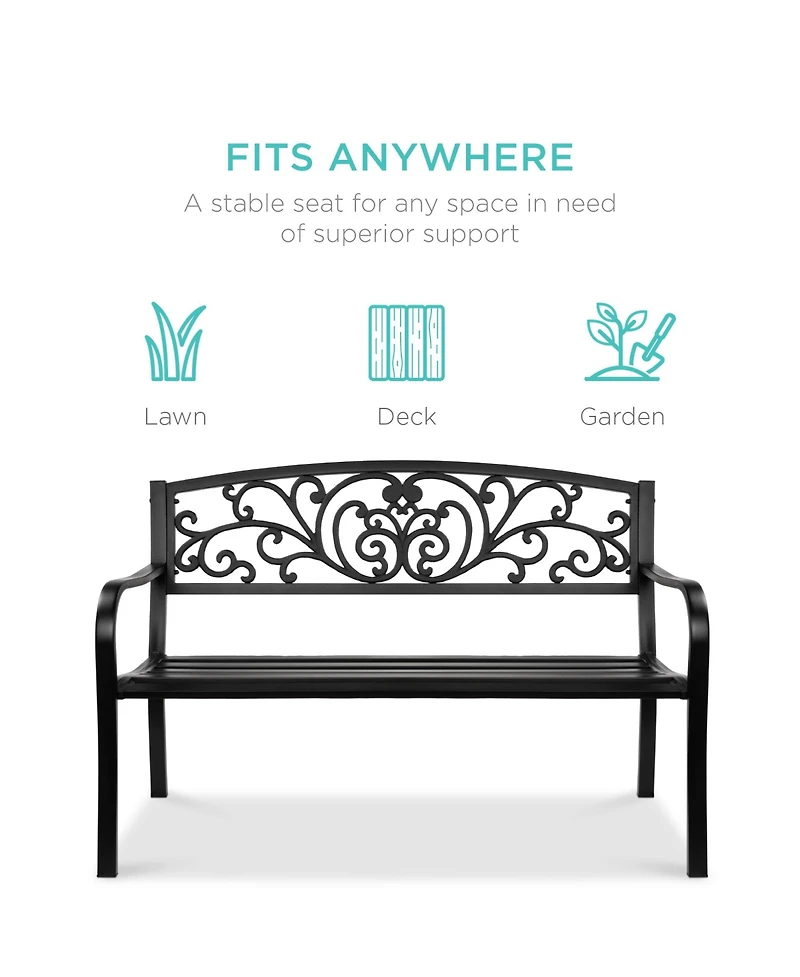 Best Choice Products Outdoor Steel Bench Garden Patio Porch Furniture w/ Floral Design Backrest