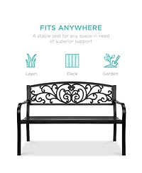 Best Choice Products Outdoor Steel Bench Garden Patio Porch Furniture w/ Floral Design Backrest