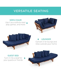Best Choice Products Outdoor Convertible Acacia Wood Futon Sofa w/ Pullout Tray, 4 Pillows, All-Weather Cushion - Navy