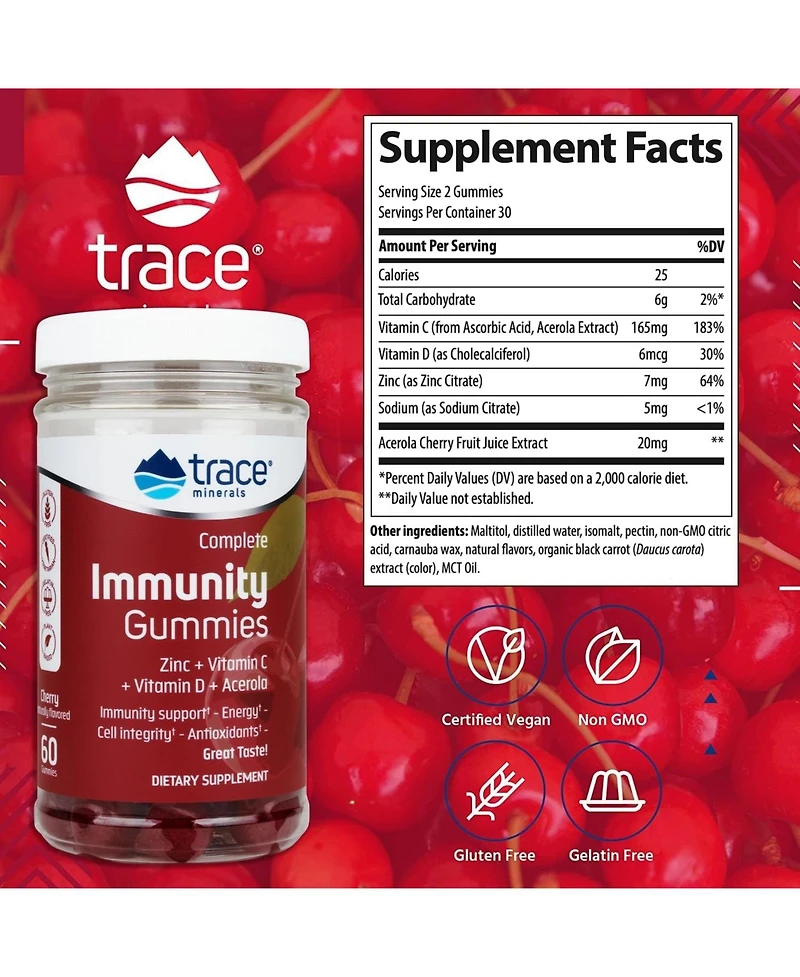 Trace Minerals | Immunity Gummies | Immune System Support with Zinc, Vitamin C, Vitamin D, and Acerola | Cherry Flavor | 60 Gummies