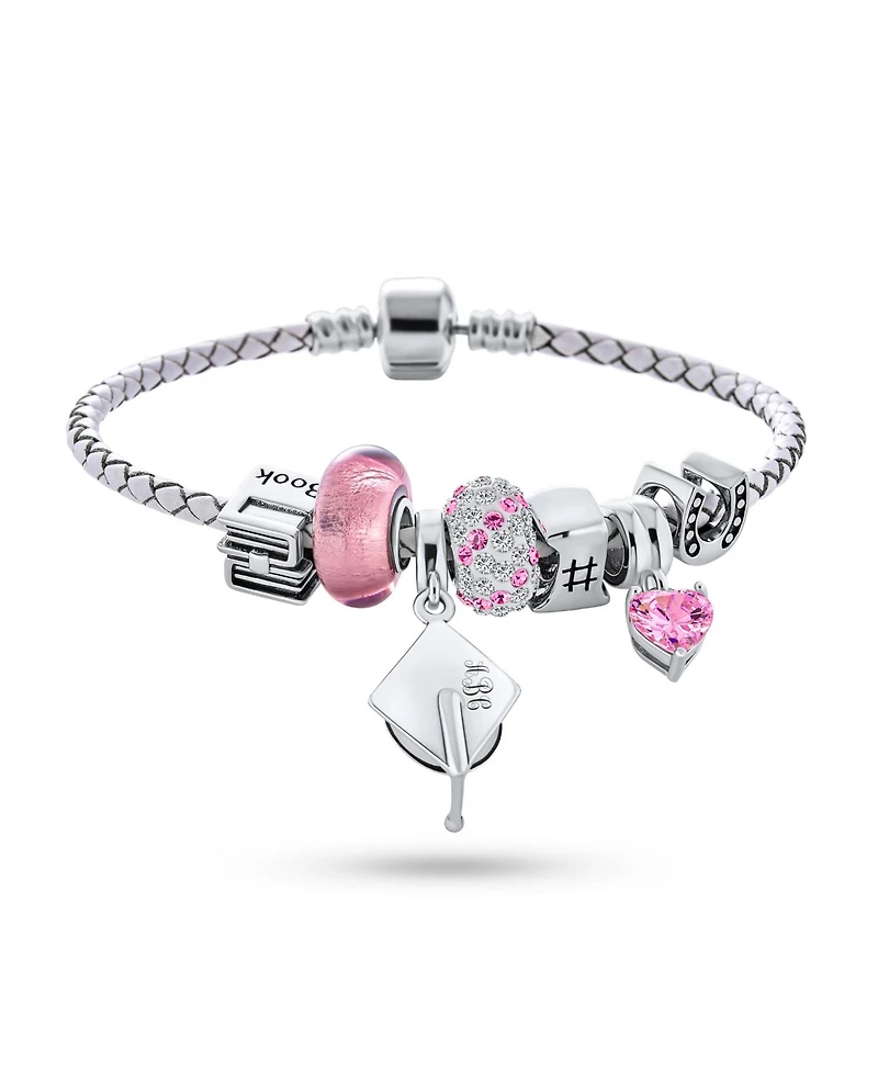 Bling Jewelry Initial Graduation Cap Honor Student Good Luck Theme Crystal European Bead Multi Charm Bangle Bracelet .925 Sterling Silver Snap Barrel