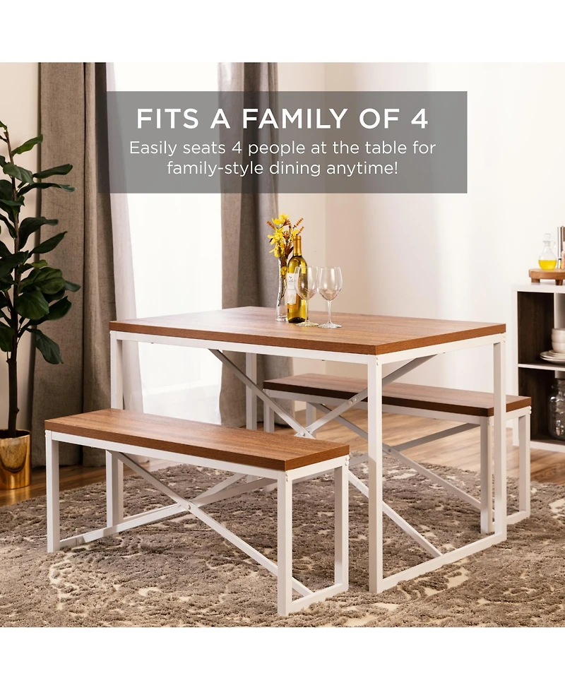 Best Choice Products 45.5in 3-Piece Bench Style Dining Furniture Set, 4-Person Dinette w/ 2 Benches, Table