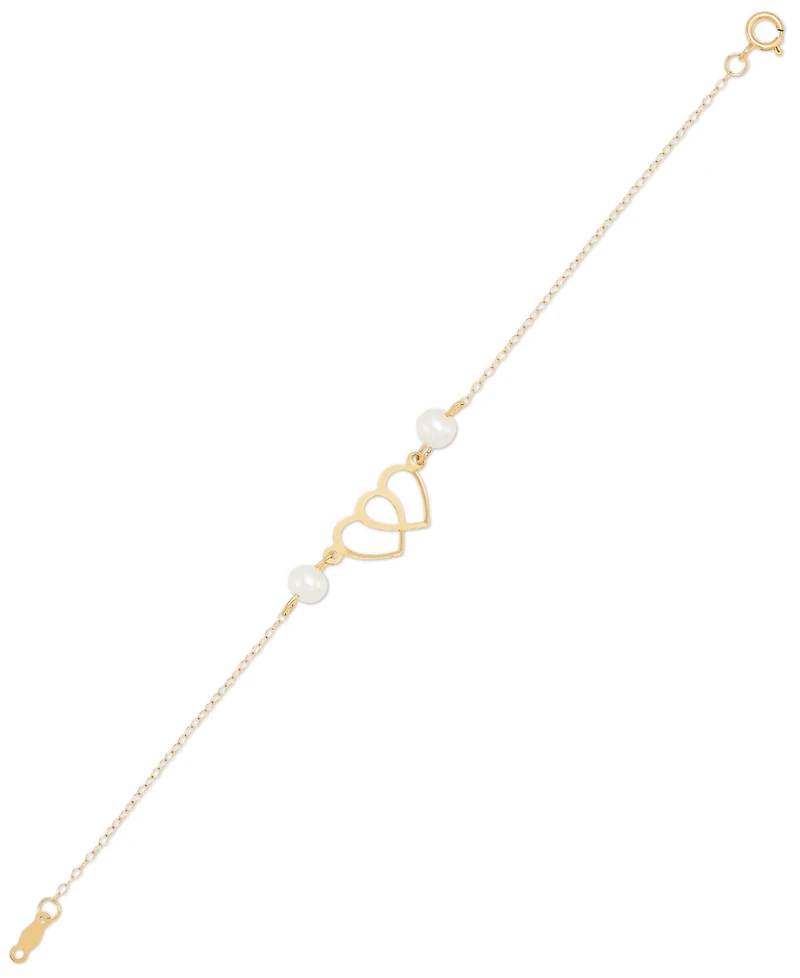 Cultured Freshwater Pearl (4-1/2mm) Double Heart Link Bracelet in 14k Gold