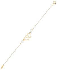 Cultured Freshwater Pearl (4-1/2mm) Double Heart Link Bracelet in 14k Gold