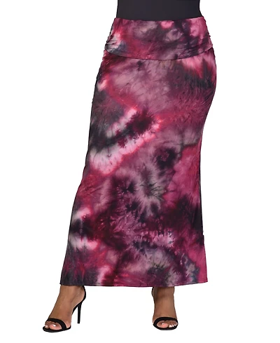24seven Comfort Apparel Plus Fold Over Waist Printed Maxi Skirt