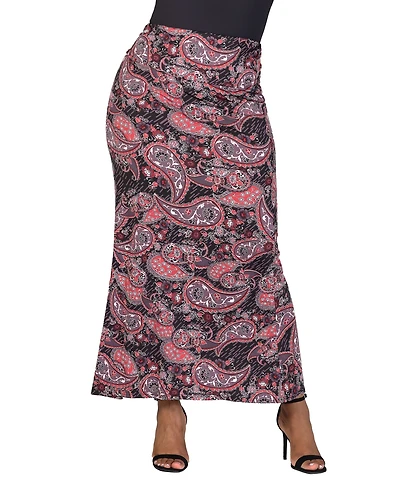 24seven Comfort Apparel Plus Fold Over Waist Printed Maxi Skirt