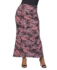 24seven Comfort Apparel Plus Fold Over Waist Printed Maxi Skirt