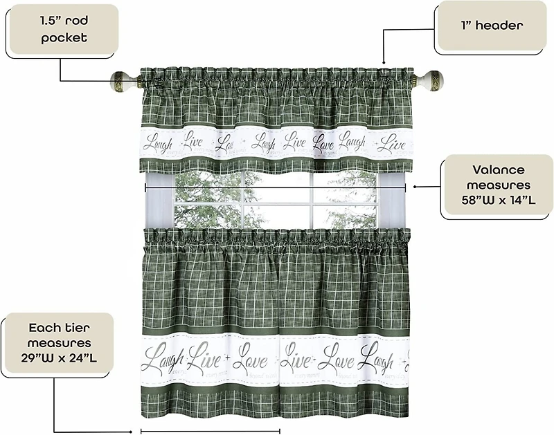 Kate Aurora Country Farmhouse Plaid Live laugh love 3 Piece Kitchen Curtain Set