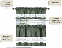 Kate Aurora Country Farmhouse Plaid Live laugh love 3 Piece Kitchen Curtain Set