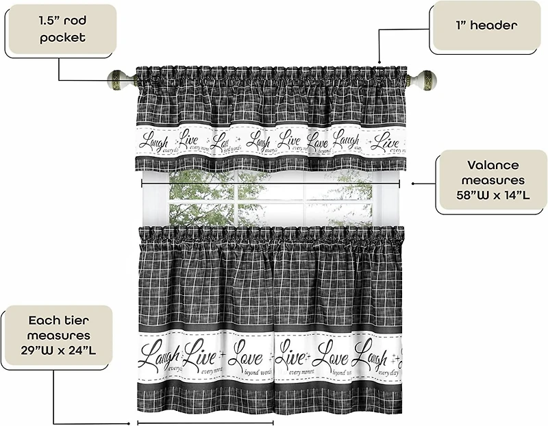 Kate Aurora Country Farmhouse Plaid Live laugh love 3 Piece Kitchen Curtain Set