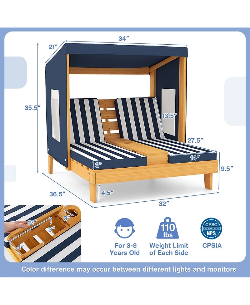 Costway Kids Double Chaise Lounge Patio Lounge Chair with Cup Holders & Awning