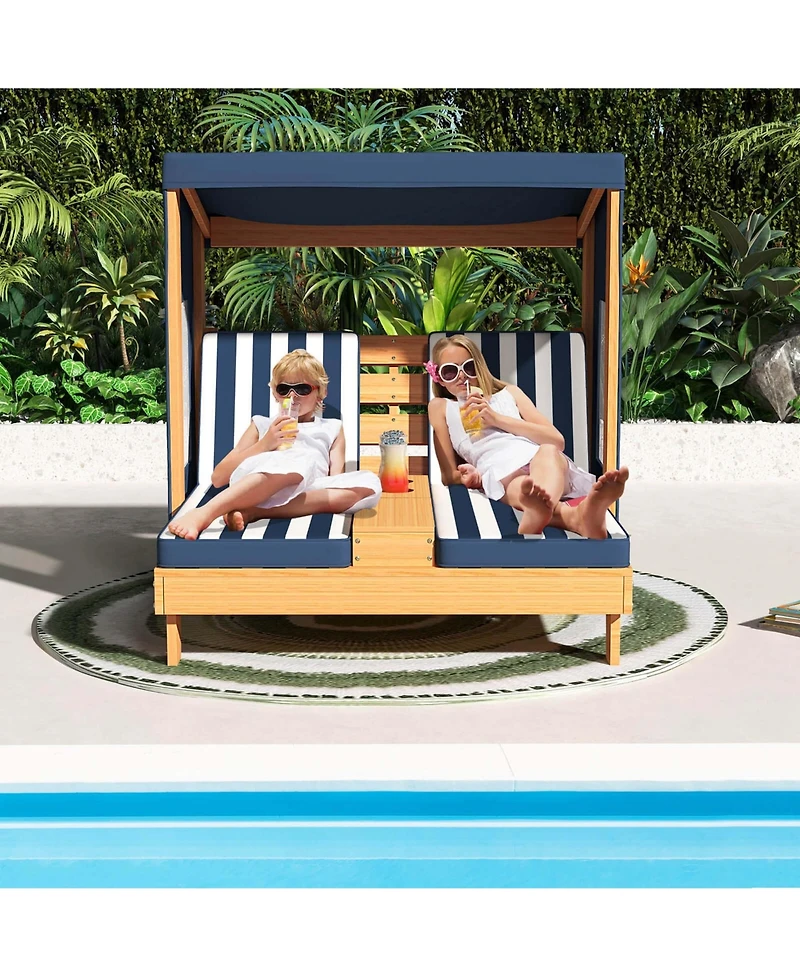 Costway Kids Double Chaise Lounge Patio Lounge Chair with Cup Holders & Awning