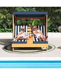 Costway Kids Double Chaise Lounge Patio Lounge Chair with Cup Holders & Awning