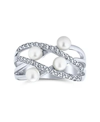 Bling Jewelry Crossover Criss Cross Stacking Style Fashion Statement White Pearl Band Ring .925 Sterling Silver