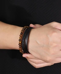 Rhona Sutton Black Tigers Eye Weaved Leather Stainless Steel Bracelet