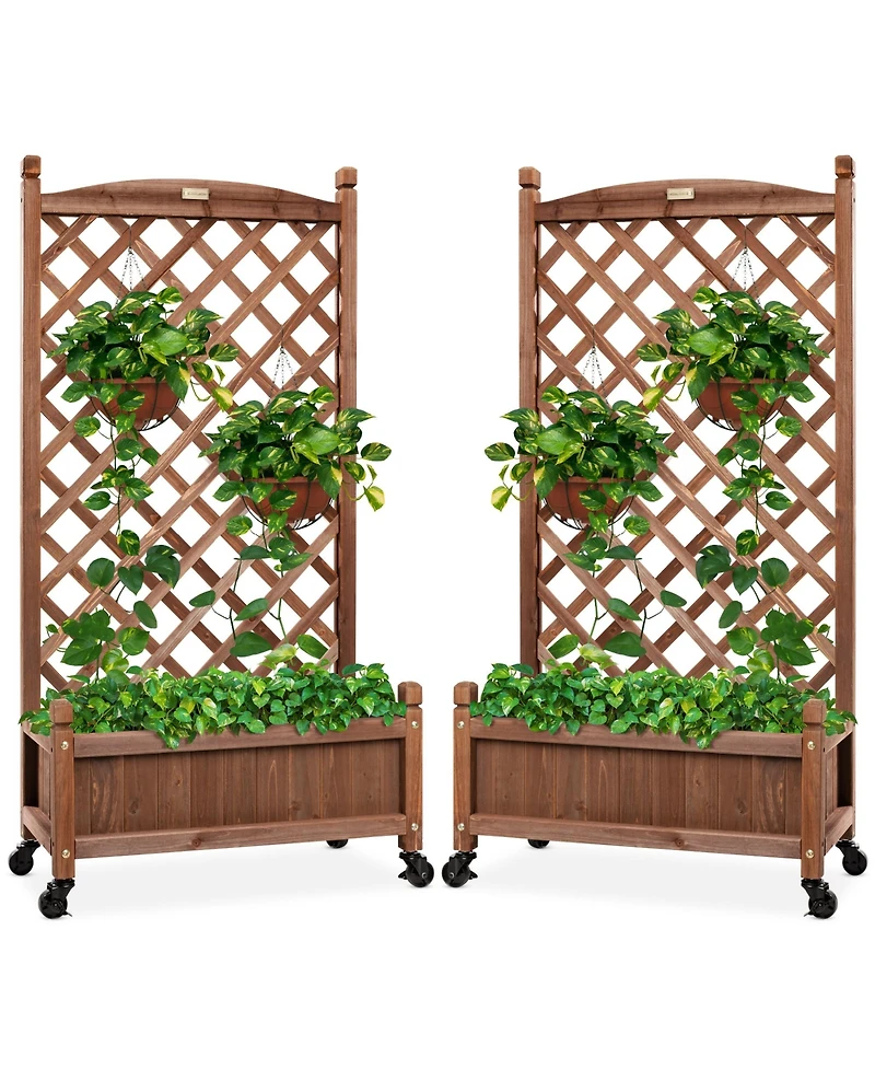 Best Choice Products Set of 2 48in Wood Planter Box & Diamond Lattice Trellis, w/ Drainage, Optional Wheels - Walnut