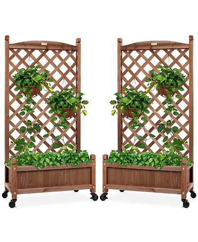 Best Choice Products Set of 2 48in Wood Planter Box & Diamond Lattice Trellis, w/ Drainage, Optional Wheels - Walnut