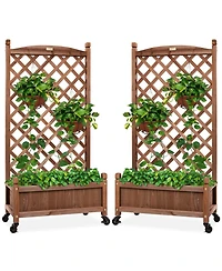 Best Choice Products Set of 2 48in Wood Planter Box & Diamond Lattice Trellis, w/ Drainage, Optional Wheels - Walnut