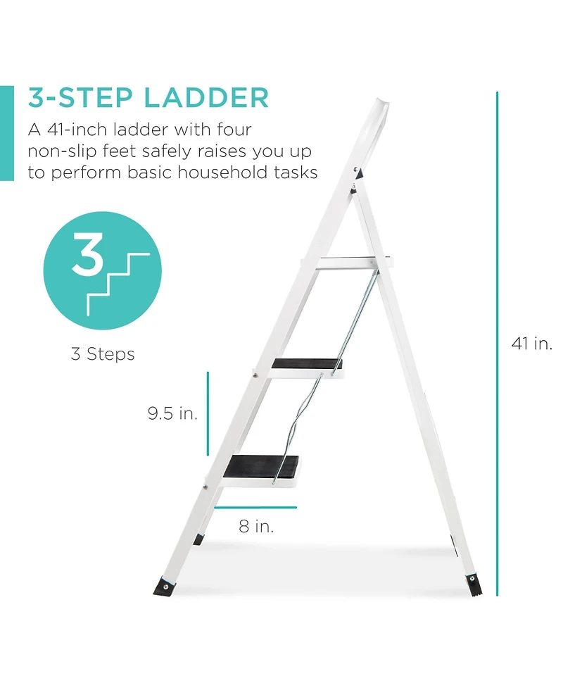 Best Choice Products 3 Step Ladder Folding Lightweight Step Stool for Home w/ Non-Slip Feet, Padded Steps, 330lb White