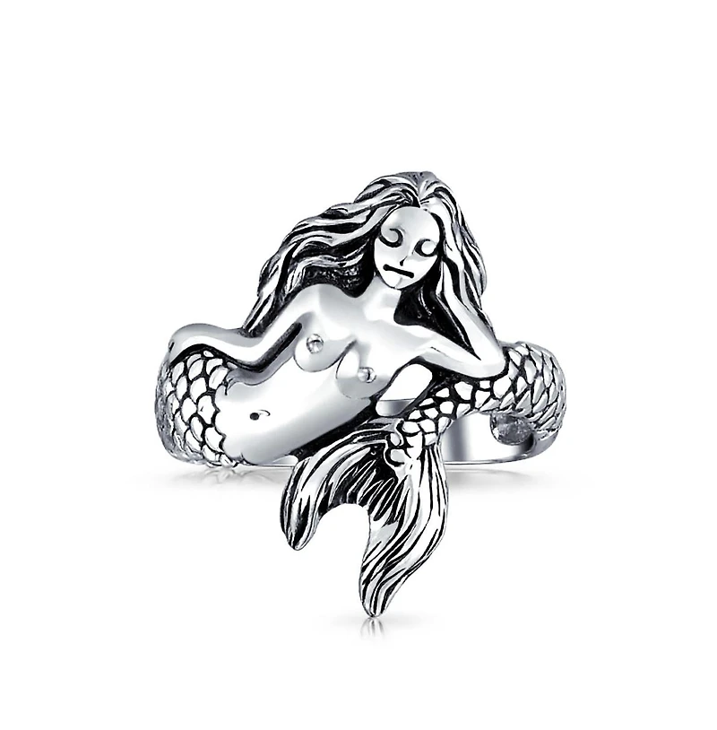 Bling Jewelry Nautical Marine Life Tropical Beach Nymph Siren Mermaid Ring Oxidized .925 Sterling Silver 2MM Band