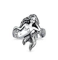 Bling Jewelry Nautical Marine Life Tropical Beach Nymph Siren Mermaid Ring Oxidized .925 Sterling Silver 2MM Band