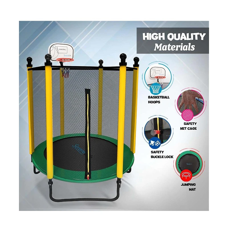SereneLife 5ft Trampoline with Enclosure Safety Net and Basketball Hoop